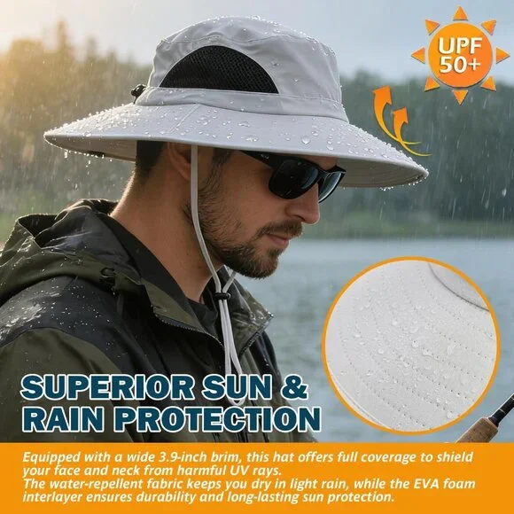 Unisex White 100% Polyester Wide Brim Mesh Vents With Chin Strap Fishing Sun Hat - Picture 3 of 7